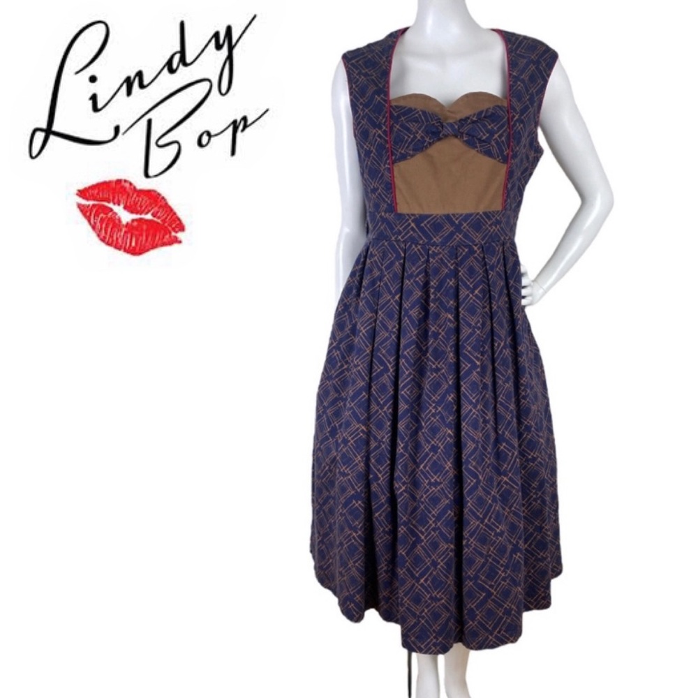 Lindy Bop Navy Plaid Vintage-Style Fit & Flare Dress with Brown Bodice